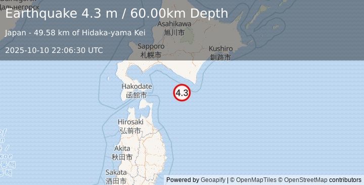 Earthquake HOKKAIDO, JAPAN REGION (4.3 m) (2025-10-10 22:06:36 UTC)