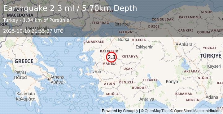 Earthquake WESTERN TURKEY (2.3 ml) (2025-10-10 21:55:37 UTC)