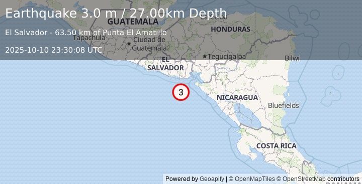 Earthquake OFFSHORE EL SALVADOR (3.0 m) (2025-10-10 23:30:08 UTC)