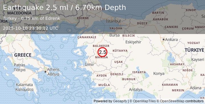 Earthquake WESTERN TURKEY (2.5 ml) (2025-10-10 23:30:11 UTC)