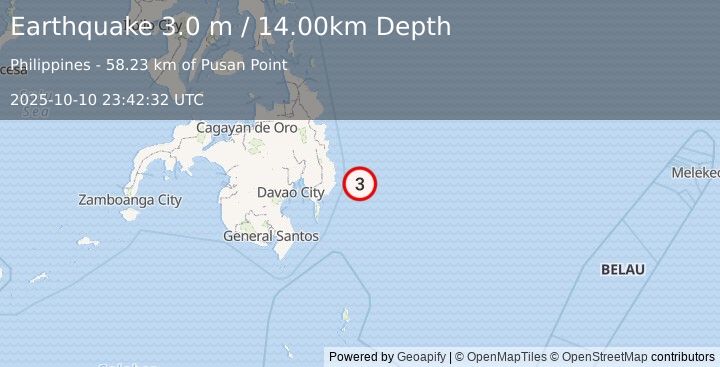 Earthquake PHILIPPINE ISLANDS REGION (3.0 m) (2025-10-10 23:42:32 UTC)