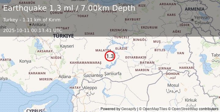 Earthquake EASTERN TURKEY (1.3 ml) (2025-10-11 00:13:41 UTC)