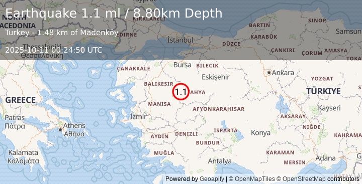 Earthquake WESTERN TURKEY (1.1 ml) (2025-10-11 00:24:50 UTC)