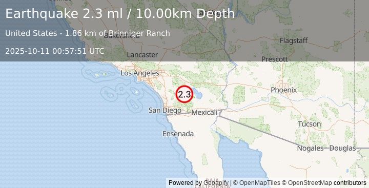 Earthquake SOUTHERN CALIFORNIA (2.3 ml) (2025-10-11 00:57:51 UTC)
