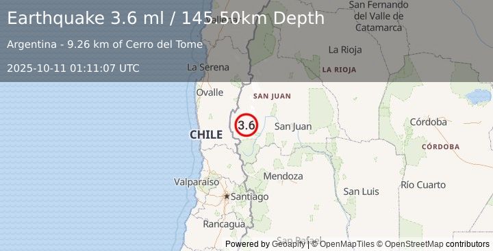 Earthquake SAN JUAN, ARGENTINA (3.6 ml) (2025-10-11 01:11:07 UTC)