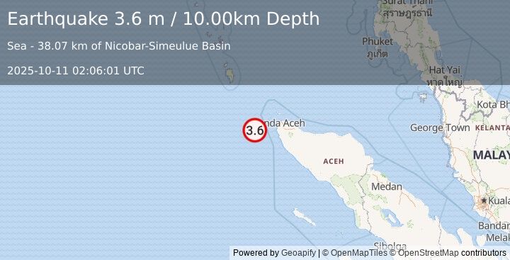 Earthquake NORTHERN SUMATRA, INDONESIA (3.6 m) (2025-10-11 02:06:01 UTC)