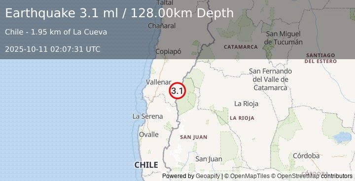 Earthquake ATACAMA, CHILE (3.1 ml) (2025-10-11 02:07:31 UTC)
