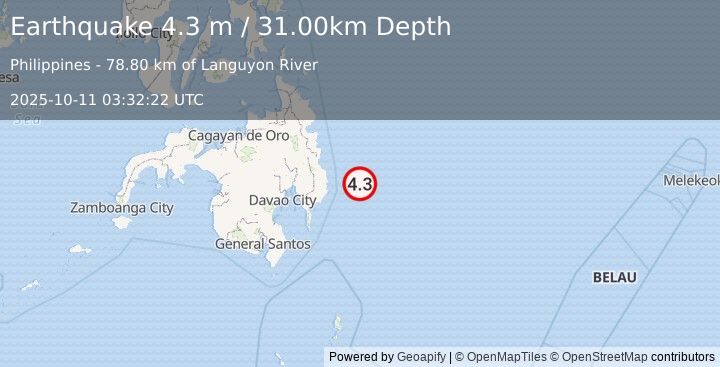 Earthquake PHILIPPINE ISLANDS REGION (4.3 m) (2025-10-11 03:32:22 UTC)