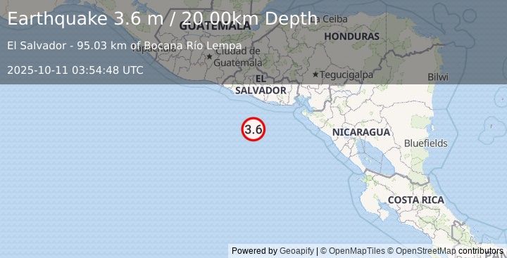 Earthquake OFFSHORE EL SALVADOR (3.6 m) (2025-10-11 03:54:48 UTC)