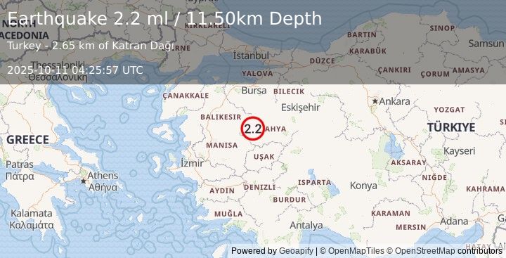 Earthquake WESTERN TURKEY (1.8 ml) (2025-10-11 04:26:40 UTC)