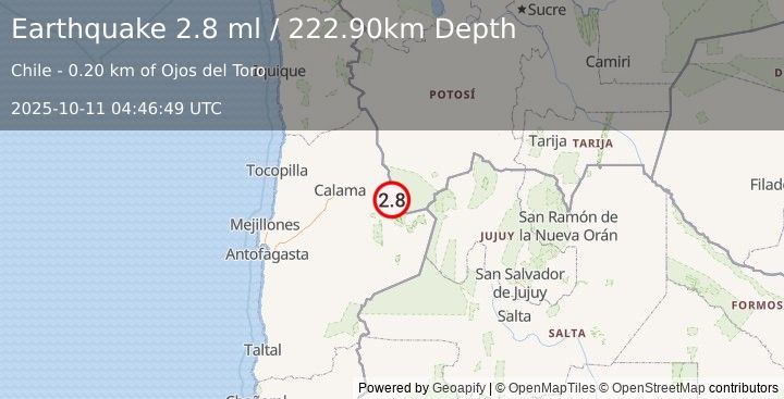 Earthquake ANTOFAGASTA, CHILE (2.8 ml) (2025-10-11 04:46:49 UTC)