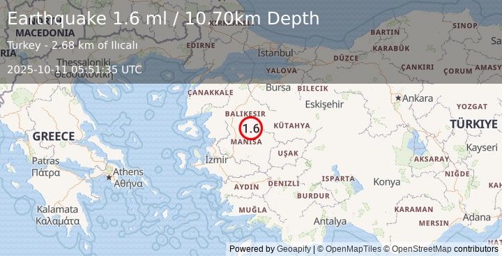 Earthquake WESTERN TURKEY (1.6 ml) (2025-10-11 05:51:35 UTC)