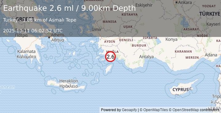 Earthquake DODECANESE IS.-TURKEY BORDER REG (2.8 ml) (2025-10-11 06:02:51 UTC)
