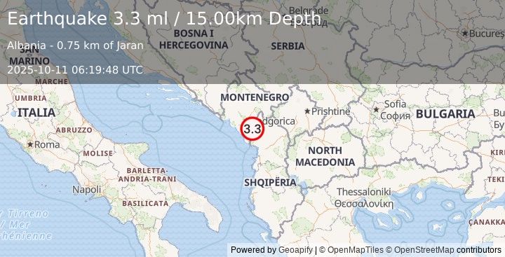 Earthquake ALBANIA (3.3 ml) (2025-10-11 06:19:48 UTC)