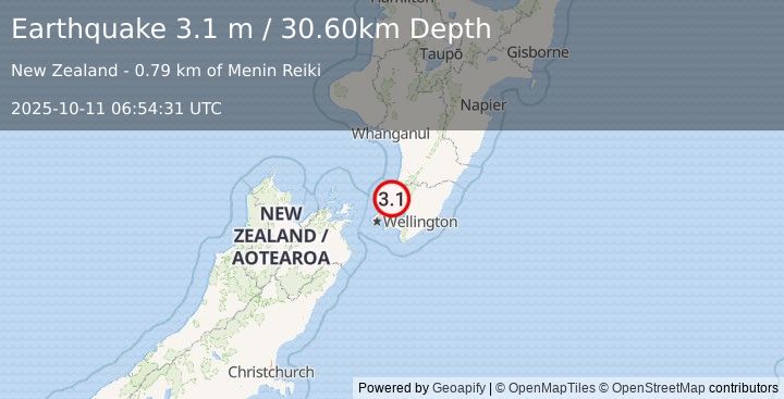 Earthquake NORTH ISLAND OF NEW ZEALAND (3.1 m) (2025-10-11 06:54:31 UTC)