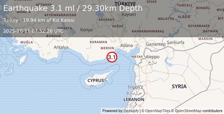 Earthquake CENTRAL TURKEY (3.1 ml) (2025-10-11 07:52:26 UTC)