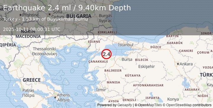Earthquake WESTERN TURKEY (2.4 ml) (2025-10-11 08:00:31 UTC)