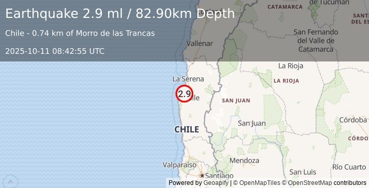 Earthquake COQUIMBO, CHILE (2.9 ml) (2025-10-11 08:42:55 UTC)