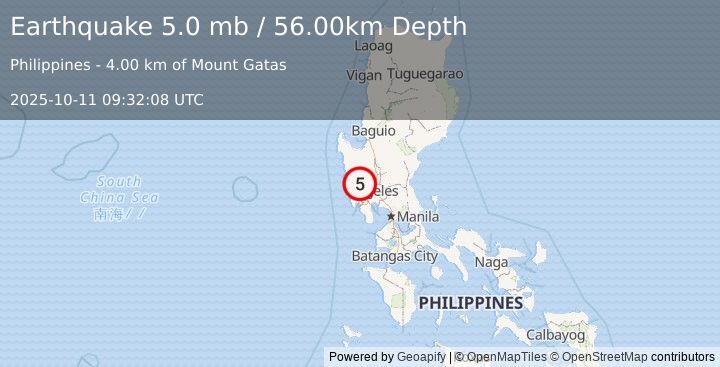 Earthquake LUZON, PHILIPPINES (4.9 mb) (2025-10-11 09:32:16 UTC)