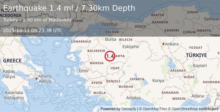 Earthquake WESTERN TURKEY (1.4 ml) (2025-10-11 09:23:39 UTC)