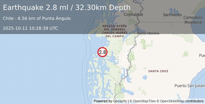 Earthquake NEAR COAST OF AISEN, CHILE (2.8 ml) (2025-10-11 10:28:39 UTC)