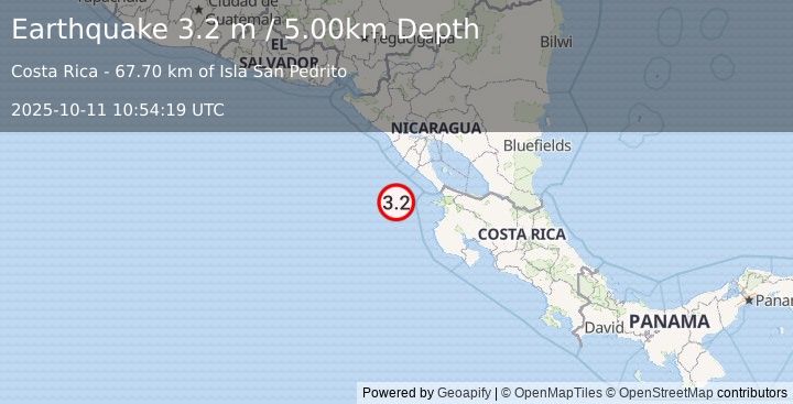Earthquake OFF COAST OF COSTA RICA (3.2 m) (2025-10-11 10:54:19 UTC)