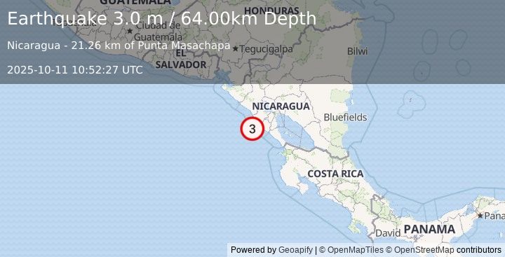 Earthquake NEAR COAST OF NICARAGUA (3.0 m) (2025-10-11 10:52:27 UTC)