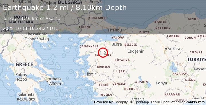 Earthquake WESTERN TURKEY (1.2 ml) (2025-10-11 10:34:27 UTC)