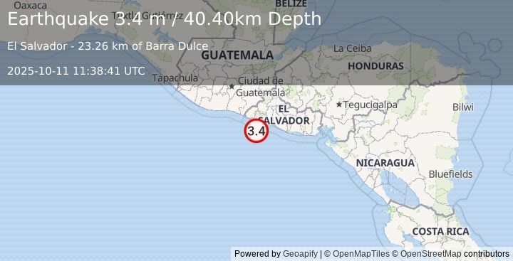 Earthquake OFFSHORE EL SALVADOR (3.4 m) (2025-10-11 11:38:41 UTC)