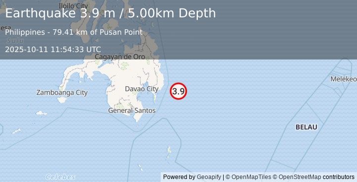 Earthquake PHILIPPINE ISLANDS REGION (3.9 m) (2025-10-11 11:54:33 UTC)