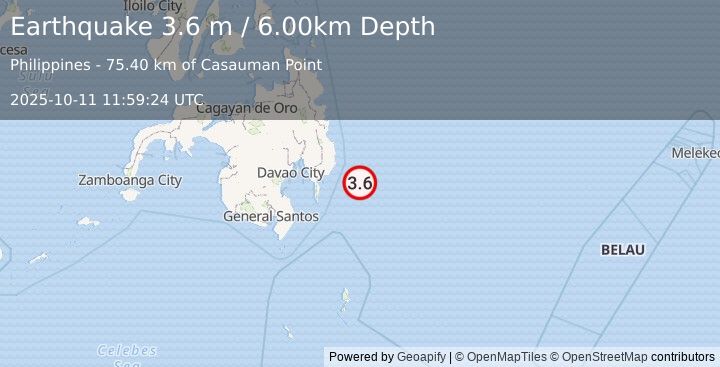 Earthquake PHILIPPINE ISLANDS REGION (3.6 m) (2025-10-11 11:59:24 UTC)