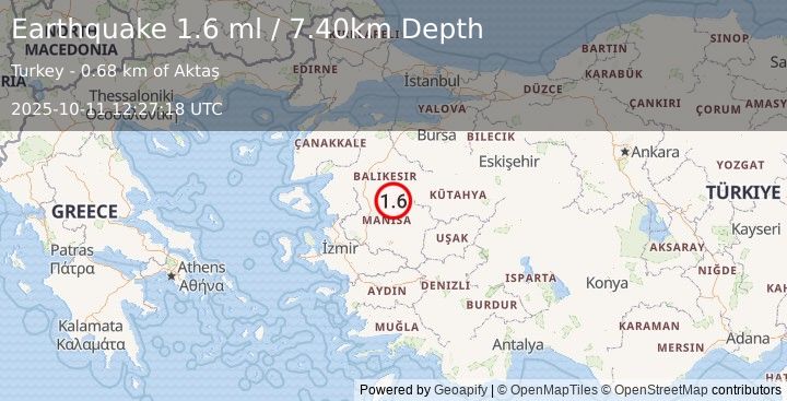 Earthquake WESTERN TURKEY (1.6 ml) (2025-10-11 12:27:19 UTC)