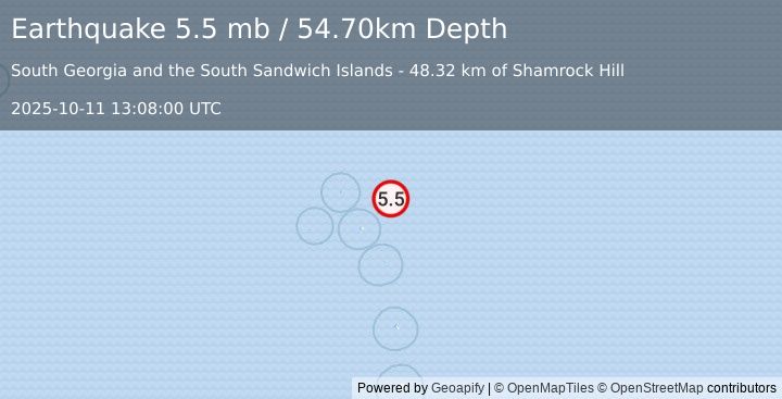 Earthquake SOUTH SANDWICH ISLANDS REGION (5.5 mb) (2025-10-11 13:08:00 UTC)