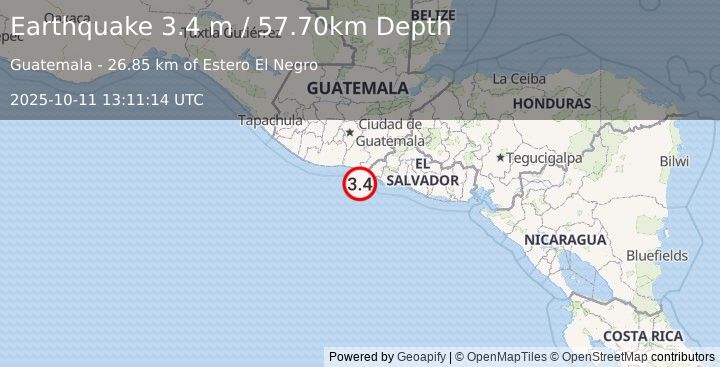 Earthquake OFFSHORE GUATEMALA (3.4 m) (2025-10-11 13:11:14 UTC)