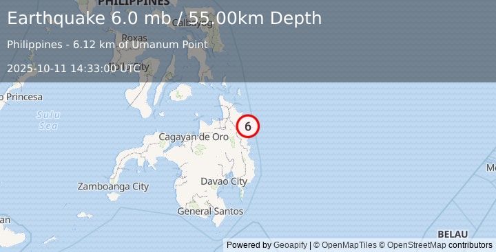 Earthquake MINDANAO, PHILIPPINES (6.0 mw) (2025-10-11 14:32:58 UTC)