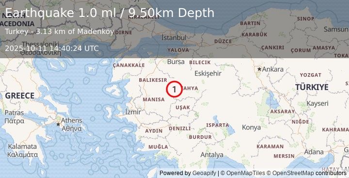 Earthquake WESTERN TURKEY (1.0 ml) (2025-10-11 14:40:24 UTC)