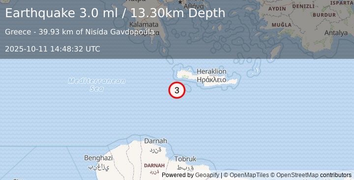 Earthquake CRETE, GREECE (3.0 ml) (2025-10-11 14:48:32 UTC)