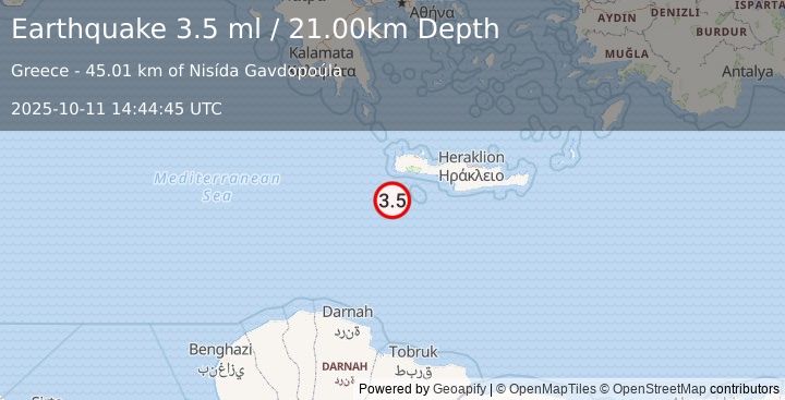 Earthquake CRETE, GREECE (3.5 ml) (2025-10-11 14:44:45 UTC)