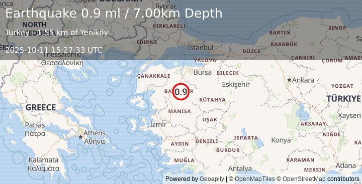 Earthquake WESTERN TURKEY (0.9 ml) (2025-10-11 15:27:33 UTC)