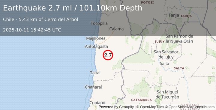 Earthquake ANTOFAGASTA, CHILE (2.7 ml) (2025-10-11 15:42:45 UTC)