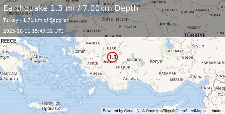 Earthquake WESTERN TURKEY (1.3 ml) (2025-10-11 15:49:32 UTC)