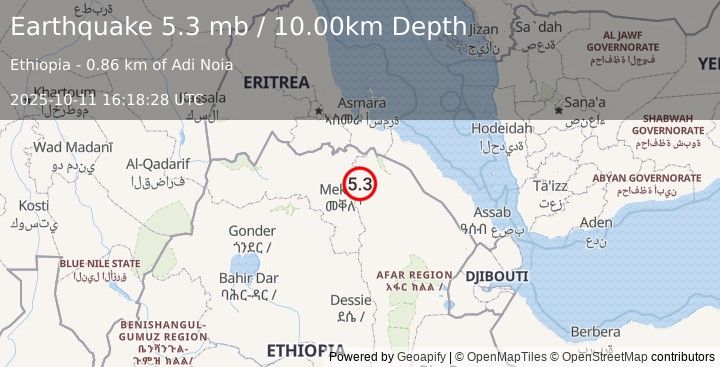 Earthquake ETHIOPIA (5.6 mw) (2025-10-11 16:18:26 UTC)