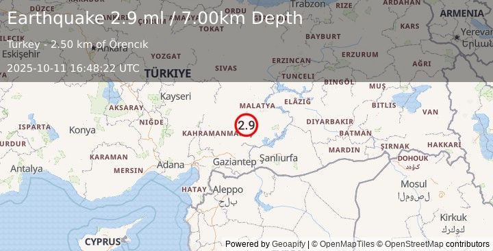 Earthquake CENTRAL TURKEY (2.9 ml) (2025-10-11 16:48:22 UTC)