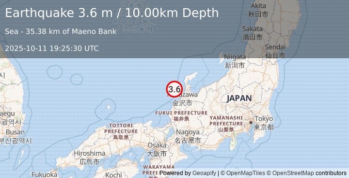 Earthquake NEAR WEST COAST OF HONSHU, JAPAN (3.6 m) (2025-10-11 19:25:30 UTC)