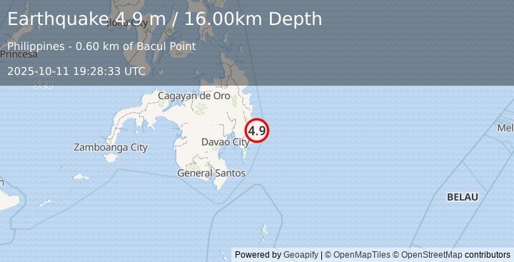 Earthquake MINDANAO, PHILIPPINES (4.9 mb) (2025-10-11 19:28:28 UTC)