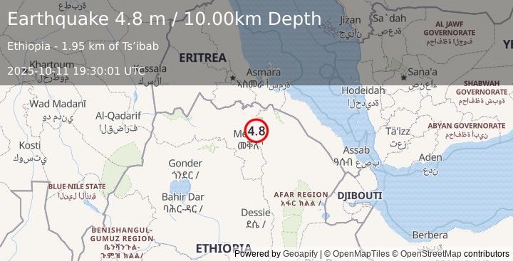 Earthquake ETHIOPIA (4.8 m) (2025-10-11 19:30:01 UTC)