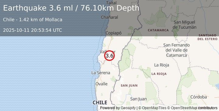 Earthquake ATACAMA, CHILE (3.6 ml) (2025-10-11 20:53:54 UTC)