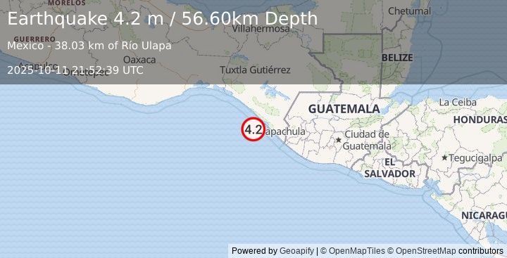 Earthquake OFFSHORE CHIAPAS, MEXICO (4.2 m) (2025-10-11 21:52:39 UTC)