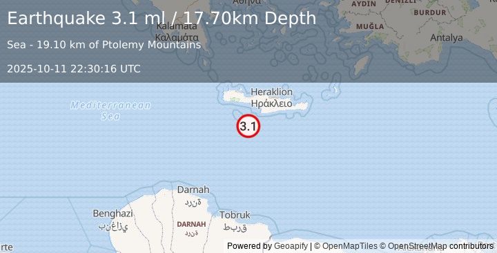 Earthquake CRETE, GREECE (3.1 ml) (2025-10-11 22:30:16 UTC)