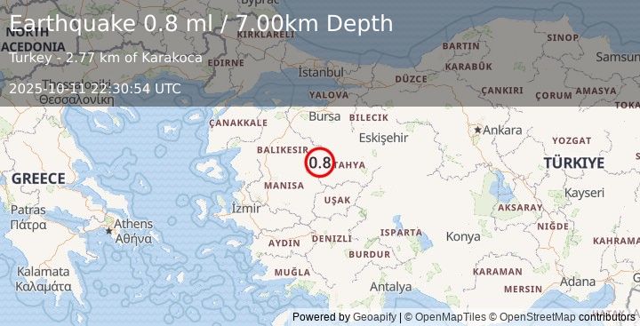 Earthquake WESTERN TURKEY (0.8 ml) (2025-10-11 22:30:54 UTC)